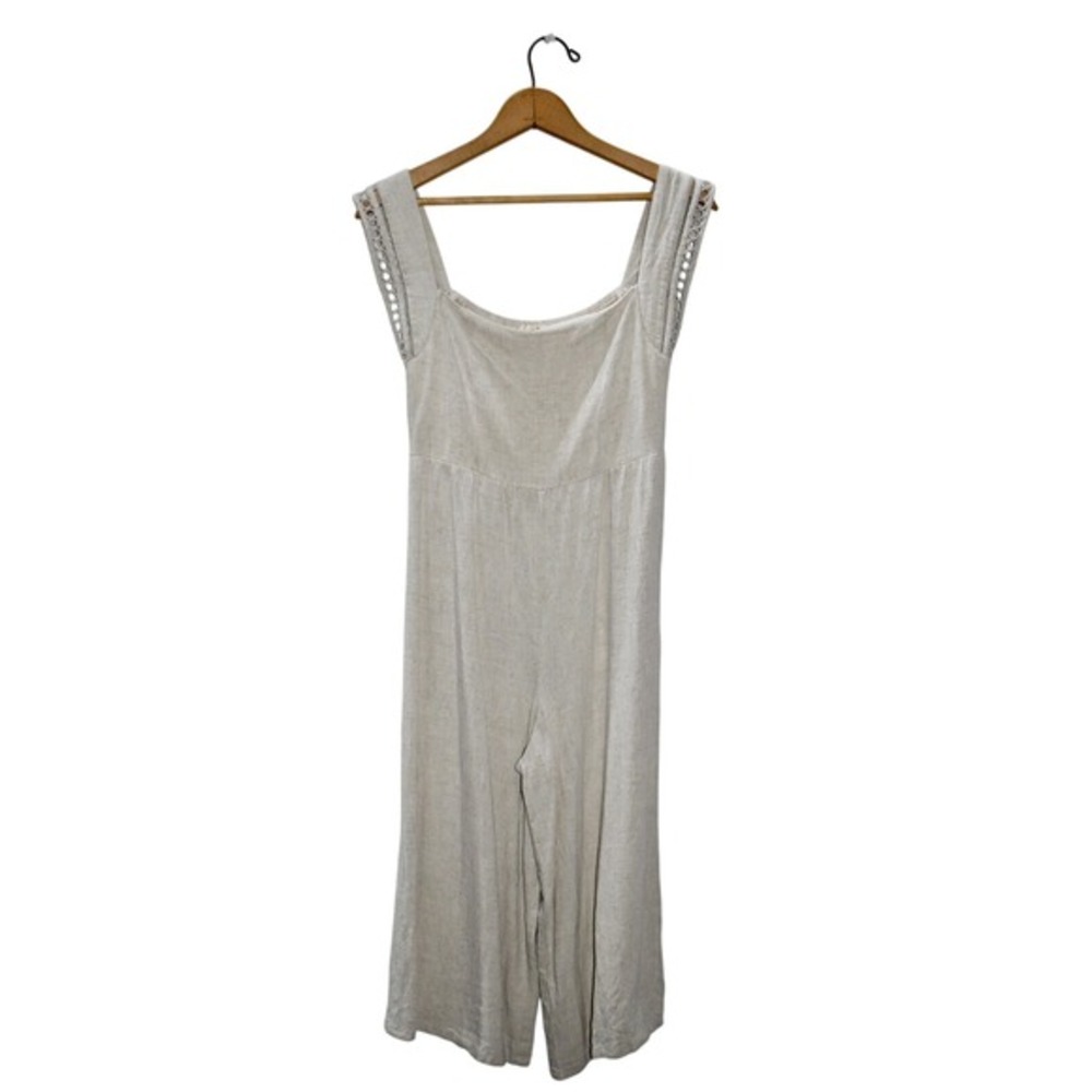 Entro Linen Cropped Jumpsuit Crochet Trim‎ Sleeveless Casual Beige Size M